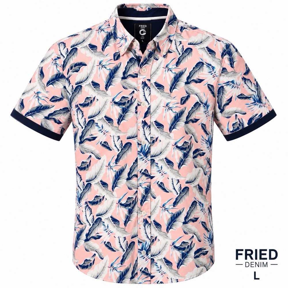 Fried Denim Hawaiian Shirt Pink Blue Leaf Floral Button Down Men's L Slim Fit